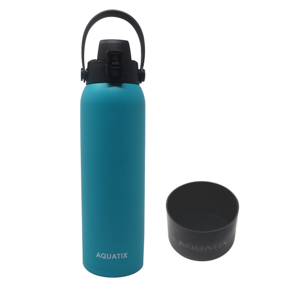 32 Ounce Turquoise Aquatix Bottle with Black Sleeve Thermal Double Insulated Vacuum Sealed Sports Bottle Flip Top